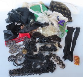 Grouping Of Mostly Jet Black Art Deco Ornaments And Jewelry, Including Black Lace, Late 19th To Early 20th Cen