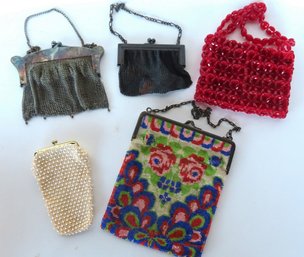 Grouping Of 5 Lady's Purses And Bags Including: Small Hand Bag Constructed Of Multifaceted Faux Red Crystals A