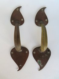 An Excellent Pair Of Hand Made Brass Door Handles With Heart Shaped Terminals - Note The Blacksmith Hammered R