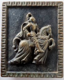 A Gilded Bronze Footed Plaque Depicting A Knight On Horseback - The Knight Likely Had A Weapon In Hand Which I