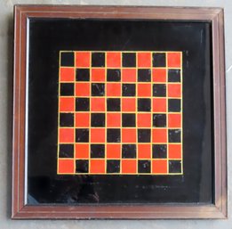 Reverse Painted Game Board On Glass In Original Red And Black Paint With Wooden Frame And With Chamfered Backb