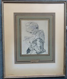 A Chardin Framed Lithograph Of A Pencil Sketch Depicting A French Lady Adjusting Shoulder Scarf (Jean Simon C