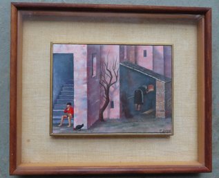 Small O/C In Shadow Box Frame, Genre Scene Depicting Boy Seated On Stairway To Building Eating From Bowl Next