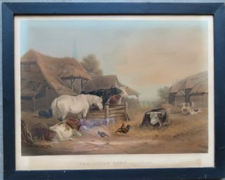 Large Folio Chromolithograph Of Barnyard Scene With Cows, Chickens And Horse, Titled 'The Stawyard - Evening'