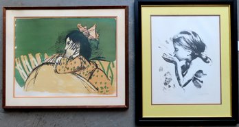 Two Modernistic Large Folio Lithographs Professionally Framed And Matted. The First Pencil Of A Girl Blowing B