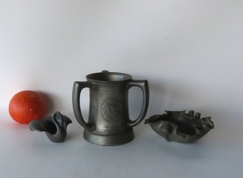 Russell Wright Pewter Figural Swan Salt Dish Plus 2 Other Pieces Of Pewter Including: Nut Dish With Salt Dispe