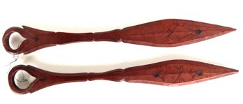 A Pair Of Indian Carved Wooden Dance Paddles With Primitive Incised Decorations, Chamfered Edge And Shaped Han