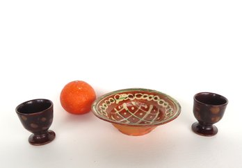 Three Earthenware Objects, Late 19th To Early 20th Century Including: Small Redware Bowl With Yellow Slip Deco