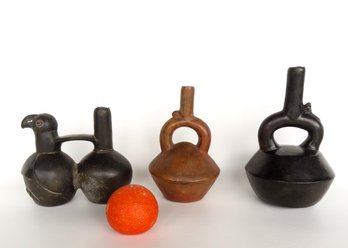 Grouping Of 3 Peruvian Earthenware Articles, Believed To Be Pre-Columbian Period, Including: Two Stirrup Spout