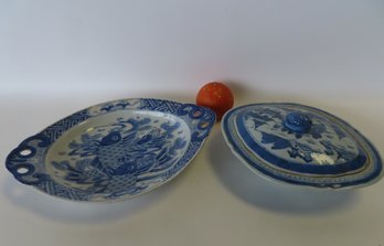 Two Chinese Porcelain Serving Pieces. The First A Fish Platter, Small Chip On Edge - 13 1/2' X 10' The Second