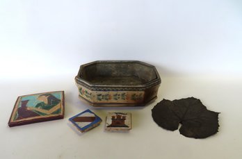 Grouping Of Decorative Objects Including A Signed Quimper Bowl With Side Handles