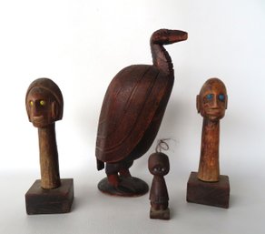 Grouping Of African Carved Wooden Objects Including Stylized Bird With Feathering And Applied Small Beads - Ch