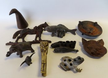 Grouping Of Decorative Metal Objects Including: A Brass Nut Cracker With Embossed Cat Face And Ribbon Small B