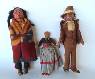 Three Hand Made Indian Dolls Including: Navajo Cloth Doll With Hand Painted Face In Original Hand Sewn Costume