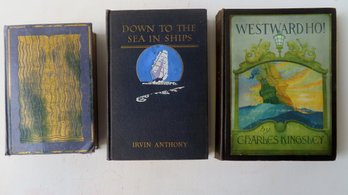 Three Nautical Books Including: 'Westward Ho !' By Charles Kingsley And Illustrated By N.C. Wyeth, First Editi