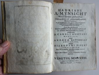 Medical Book Titled 'Hadriani A Mynsicht Medici Germani Praestantissimi Thesaurus Et Armanetarium Medico-Chymi