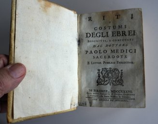 Book Titled 'Riti E Costumi Degli Ebrei Descritti, E Confutati Dal Dottore Paolo Medici Sacerdote' Published I