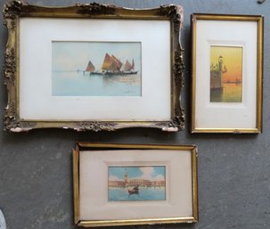 Grouping Of 3 Water Color Italian Seascapes, All 19th Century, 2 Artist Signed. The Frames Of 2 In Disrepair,