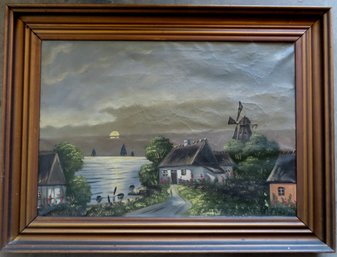 O/C Landscape With Windmill And Cottage By Lake At Nightfall, Very Good Condition. Total Frame Size 23 1/4' X