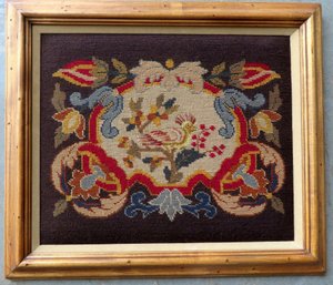 A Framed Needlepoint And Petit Point Embroidery Decorated With Stylized Flowers Surrounding A Bird On Branch,