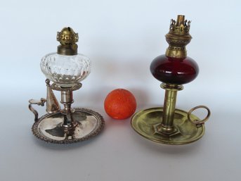 Two Oil Burning Peg Lamps, Third Quarter 19th Century, Together With Two 19th Century Chambersticks For Holdin