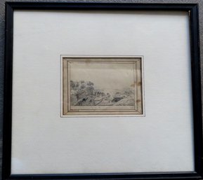 Miniature Pen And Ink French Landscape Depicting A Town Boarding Lake Or River And Having A Pen And Ink Frame,