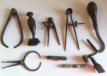 Grouping Of Vintage Tools, Most 19th Century Including Calipers, Small Levels, Etc. Most Items In Very Good Co