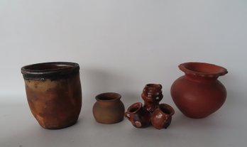 Grouping Of 4 Pieces Of Redware Pottery. The Smallest With 4 Conjoined Small Redware Bowls , The Top Bowl With