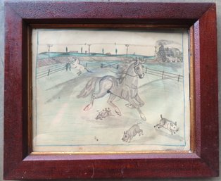 A Child's Pencil Drawing Of A Farm Scene With Horses And Pigs In Paddock, 19th Century.