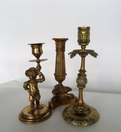 Grouping Of 3 Ornate Continental Brass And Bronze Candlesticks, 18th/19th Century