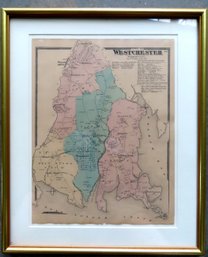 Framed Hand Colored Map Of Westchester County NY, 19th Century, Probably From F.W. Beers Atlas.