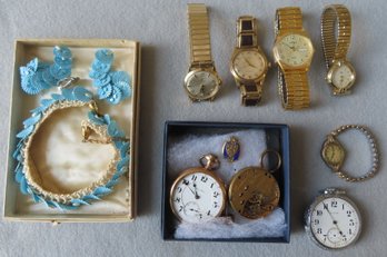 Grouping Of Wrist Watches And Damaged Pocket Watches  Costume Jewelry