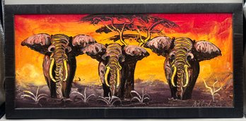 Artist Signed Oil On Canvas Framed - Elephants