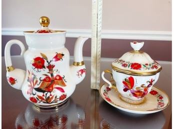 Vintage RARE Teservis Lomonosov Imperial Porcelain Factory, St Petersburg - Tea Set 'Red Horse - Rooster'