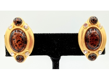 Gorgeous Faux Amber Cabochons Gold Tone Clip-On Earrings With Crystals