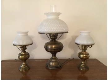 3 Vintage Milk Glass Shade Brass Finish Lamps