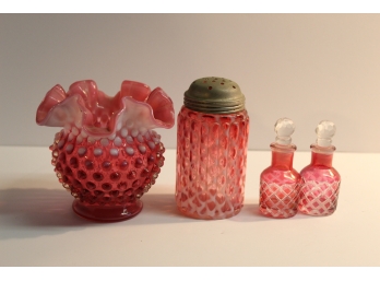 Hobnail Vase With Sugar Shaker & 2 Small Scent Bottles