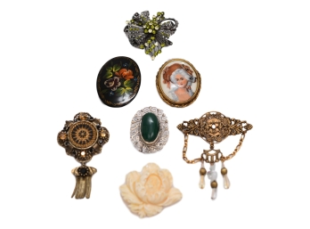 Collection Of Vintage Brooches - Limoges, Sterling Silver Jade And More