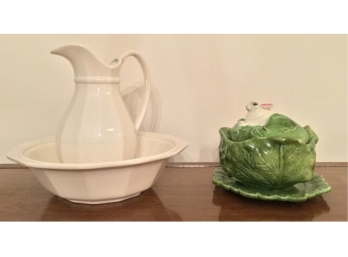 Holland Mold Lidded Cabbage Bowl And Pfaltzgraff Wash Bowl Pitcher Set