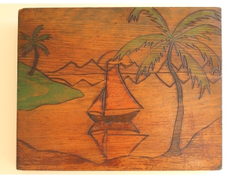 Beautiful Vintage Hand Carved Sailboat In Palm Paradise On A Wood Block!