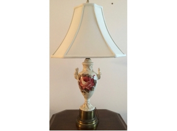 Vintage Hand Painted Porcelain Floral Lamp With Shade