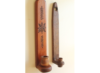 Vintage Wooden Sconce Candle Holders, One Signed The Scranberry Coop 1981!