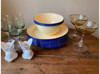 Pottery Barn Enamel Plates, Glasses & Candle Holders