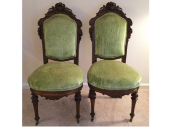 Pair Of Victorian Walnut Chairs Recovered With Light Green Velvet