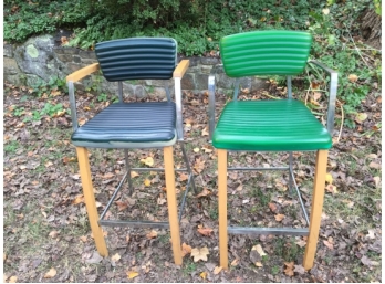 Two Mid Century Chrome And Wood Bar Stools