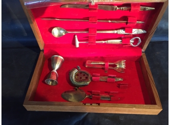 Solid Nickel-Bronze Bar Tool Set In Nice Hardwood Box, Interesting Napkin Rings And More