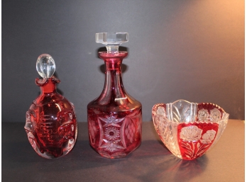 2 Cut Glass Cranberry Decanters & Bowl