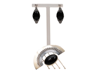 Addy Ronen Signed Modernist Sterling Silver And Onyx Pin/Pendant + Sterling Silver And Onyx Pierced Earrings