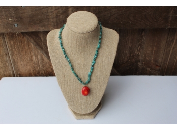 Beaded Necklace In Turquoise With Red Stone