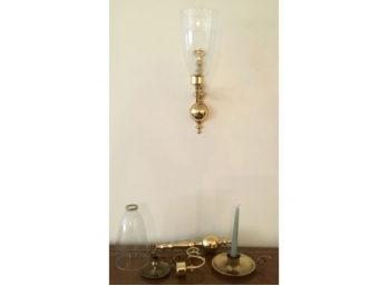 Pair Of Brass Finish Wall Sconces W/ Glass Hurricanes